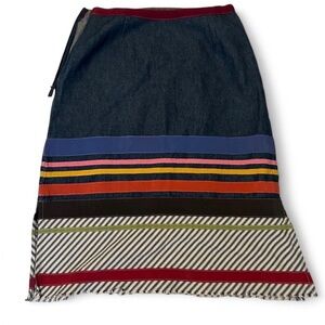 Boho denim knee-length skirt with multicolor stripes and fringe hem